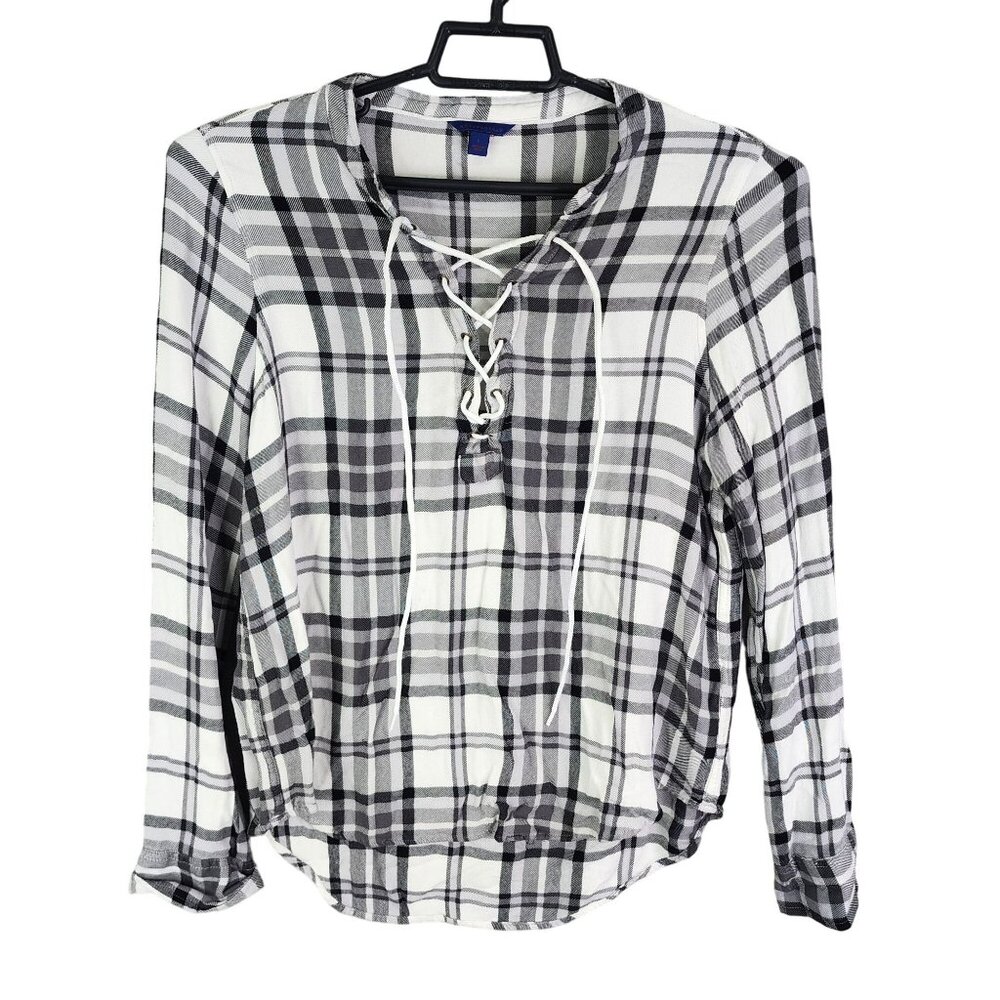 Womens Aeropostale Black & White Plaid Lace Up Blouse Top Long Sleeve Size L